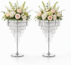 2Pcs Crystal Chandelier Flower Stand 27.95in Silver Wedding Centerpiece with Hanging Crystals Round Pedestal