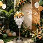 2Pcs Crystal Chandelier Flower Stand 27.95in Silver Wedding Centerpiece with Hanging Crystals Round Pedestal, alternate view