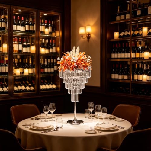 2Pcs Crystal Chandelier Flower Stand 27.95in Silver Wedding Centerpiece with Hanging Crystals Round Pedestal, alternate view