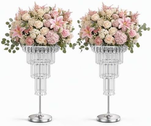 2Pcs Crystal Chandelier Flower Stand 32in Silver Wedding Centerpiece with Hanging Crystals Round Pedestal Vase
