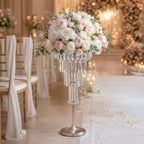 2Pcs Crystal Chandelier Flower Stand 32in Silver Wedding Centerpiece with Hanging Crystals Round Pedestal Vase, alternate