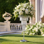 2Pcs Crystal Chandelier Flower Stand 32in Silver Wedding Centerpiece with Hanging Crystals Round Pedestal Vase, alternate