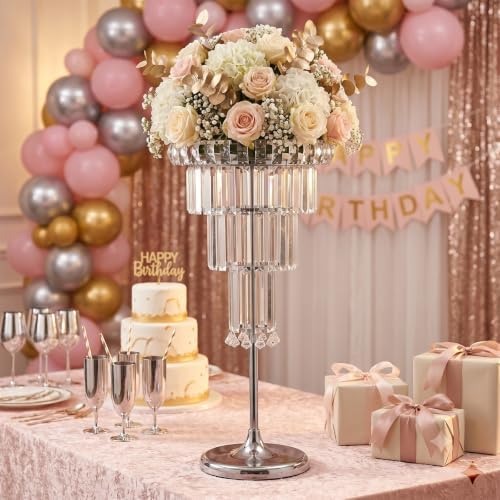 2Pcs Crystal Chandelier Flower Stand 32in Silver Wedding Centerpiece with Hanging Crystals Round Pedestal Vase, alternate