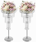 2Pcs Crystal Chandelier Flower Stand 32in Silver Wedding Centerpiece with Hanging Crystals Round Pedestal Vase