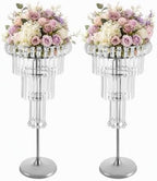 2Pcs Crystal Chandelier Flower Stand 32in Silver Wedding Centerpiece with Hanging Crystals Round Pedestal Vase
