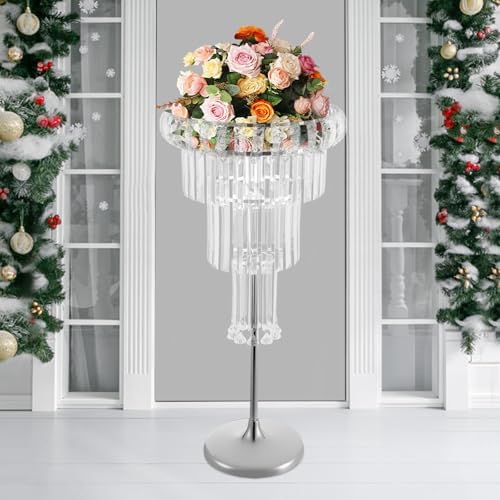 2Pcs Crystal Chandelier Flower Stand 32in Silver Wedding Centerpiece with Hanging Crystals Round Pedestal Vase, alternate
