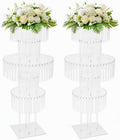 2Pcs Crystal Chandelier Flower Stand 43in Silver Wedding Centerpiece with Hanging Crystals Round Pedestal Vase