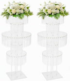 2Pcs Crystal Chandelier Flower Stand 43in Silver Wedding Centerpiece with Hanging Crystals Round Pedestal Vase