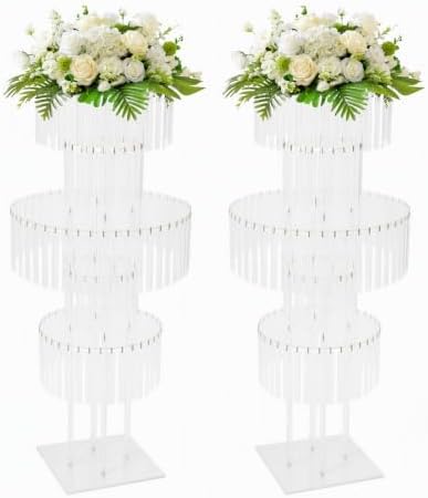 2Pcs Crystal Chandelier Flower Stand 43in Silver Wedding Centerpiece with Hanging Crystals Round Pedestal Vase