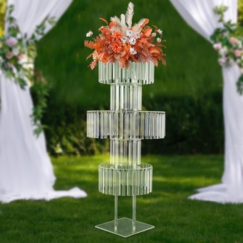 2Pcs Crystal Chandelier Flower Stand 43in Silver Wedding Centerpiece with Hanging Crystals Round Pedestal Vase, alternate