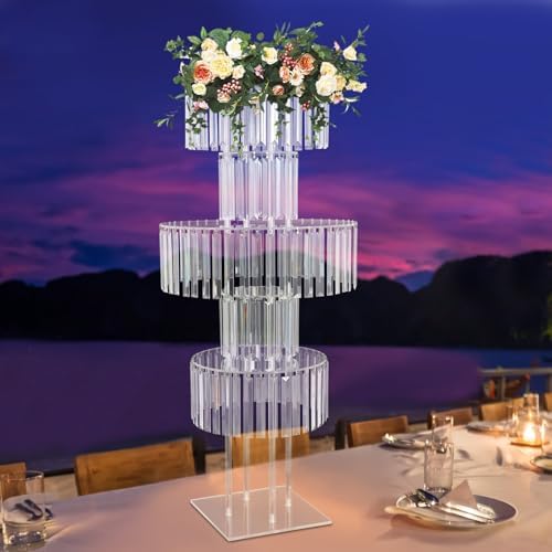 2Pcs Crystal Chandelier Flower Stand 43in Silver Wedding Centerpiece with Hanging Crystals Round Pedestal Vase, alternate