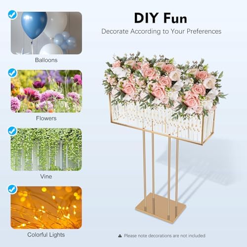 2Pcs Crystal Flower Stand 35.43in Gold Wedding Centerpiece with Crystals Squre Chandelier Pedestal Vase for, alternate view 5