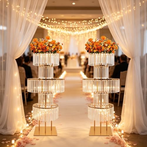 2Pcs Crystal Gold Vases Centerpieces for Tables, Wedding Flower Centerpieces Tall Vase Metal Flower Stands, alternate view 3