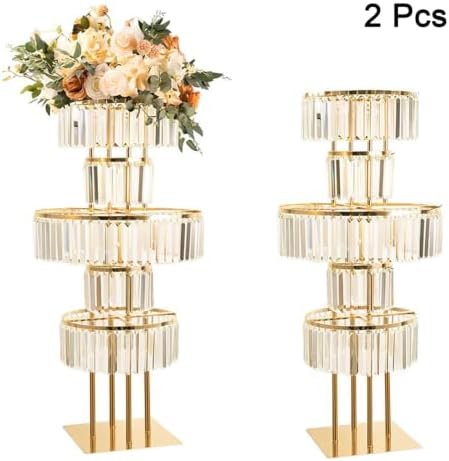 2Pcs Crystal Gold Vases Centerpieces for Tables, Wedding Flower Centerpieces Tall Vase Metal Flower Stands, alternate view 6