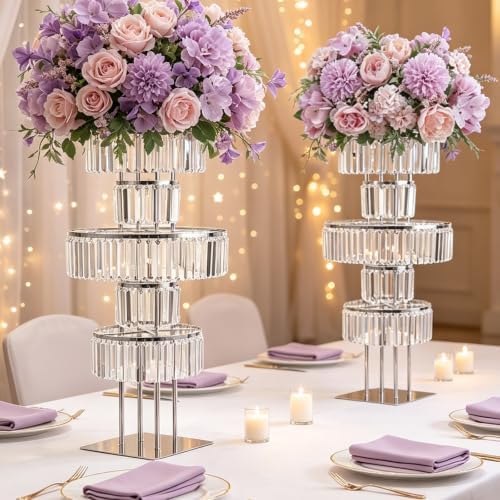 2Pcs Crystal Silver Vases Centerpieces for Tables, Wedding Flower Vases Centerpieces Metal Flower Stands