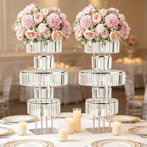 2Pcs Crystal Silver Vases Centerpieces for Tables, Wedding Flower Vases Centerpieces Metal Flower Stands, alternate view 3