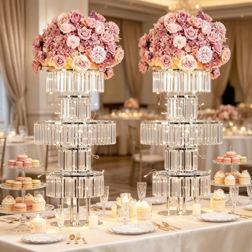 2Pcs Crystal Silver Vases Centerpieces for Tables, Wedding Flower Vases Centerpieces Metal Flower Stands, alternate view 7