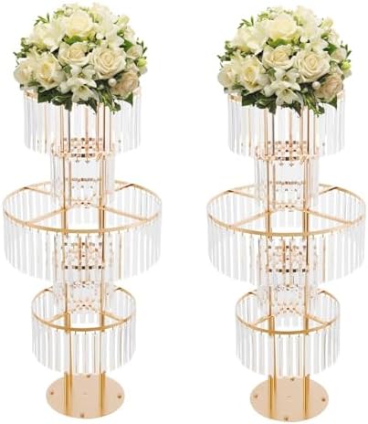 2PCS Crystal Vases for Centerpieces, 5 Tier Gold Flower Stand with Hanging Crystals, 43.3" Wedding Vase Round