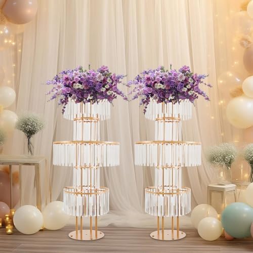 2PCS Crystal Vases for Centerpieces, 5 Tier Gold Flower Stand with Hanging Crystals, 43.3" Wedding Vase Round, alternate view
