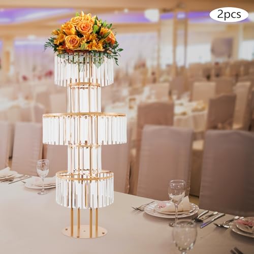 2PCS Crystal Vases for Centerpieces, 5 Tier Gold Flower Stand with Hanging Crystals, 43.3" Wedding Vase Round, alternate view