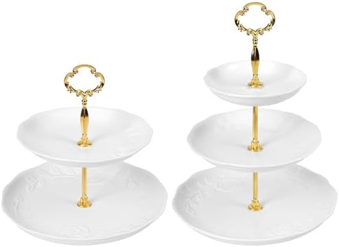 2PCS Cupcake Stand, 3 & 2 Tier Dessert Stands, Round Embossed Dessert Table Display Set White Porcelain Tiered