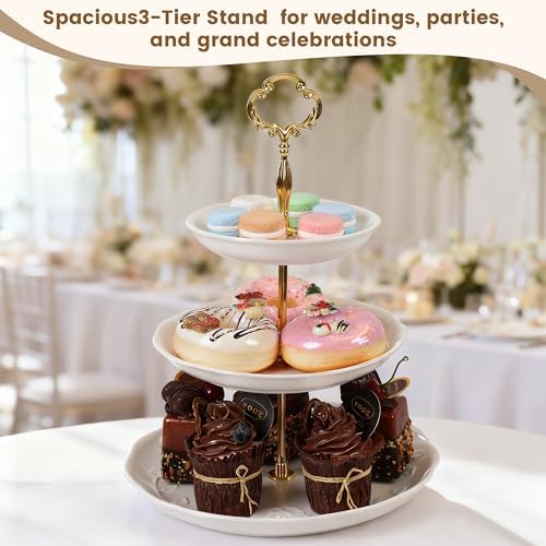 2PCS Cupcake Stand, 3 & 2 Tier Dessert Stands, Round Embossed Dessert Table Display Set White Porcelain Tiered, alternate