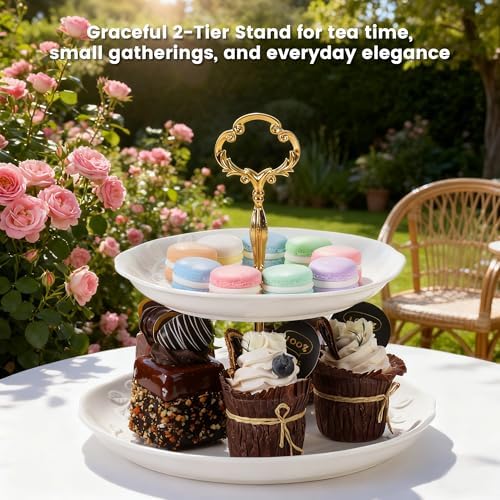 2PCS Cupcake Stand, 3 & 2 Tier Dessert Stands, Round Embossed Dessert Table Display Set White Porcelain Tiered, alternate