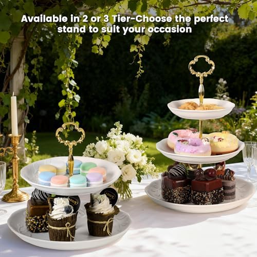 2PCS Cupcake Stand, 3 & 2 Tier Dessert Stands, Round Embossed Dessert Table Display Set White Porcelain Tiered, alternate