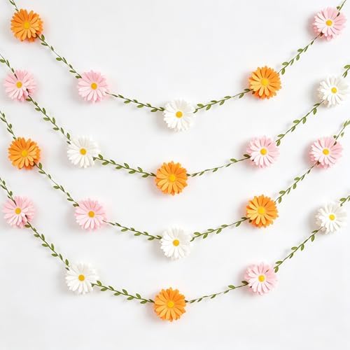 2PCS Daisy Flower Garlands, Daisy Banner Garland Orange Pink Flowers