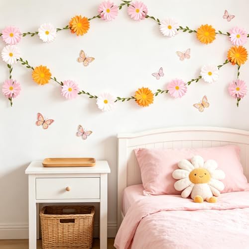 2PCS Daisy Flower Garlands, Daisy Banner Garland Orange Pink Flowers, alternate view 2
