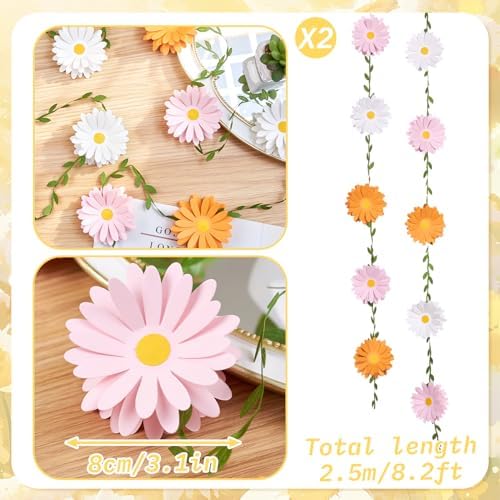 2PCS Daisy Flower Garlands, Daisy Banner Garland Orange Pink Flowers, alternate view 3