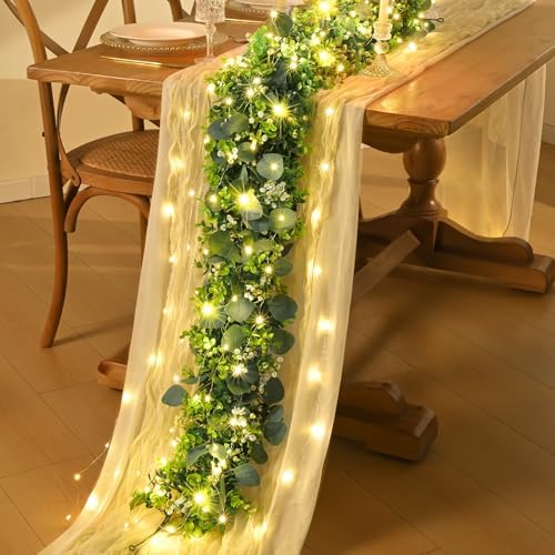 2Pcs Eucalyptus Garland with Lights, Greenery Garland, Green Garland with Flowers, 5.9FT Artificial Faux