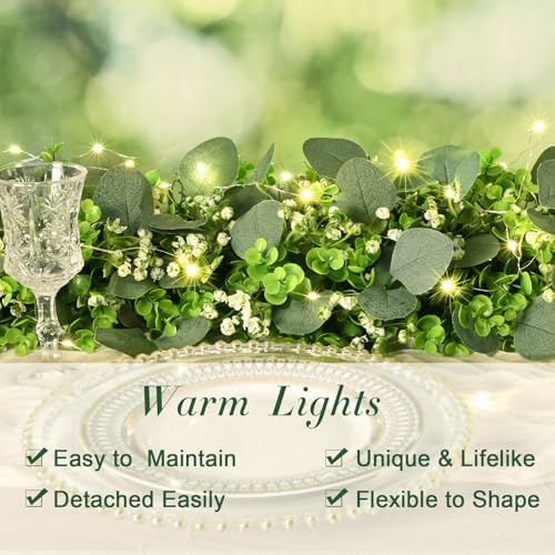 2Pcs Eucalyptus Garland with Lights, Greenery Garland, Green Garland with Flowers, 5.9FT Artificial Faux, alternate view 2