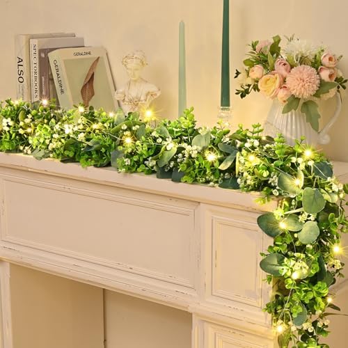 2Pcs Eucalyptus Garland with Lights, Greenery Garland, Green Garland with Flowers, 5.9FT Artificial Faux, alternate view 4