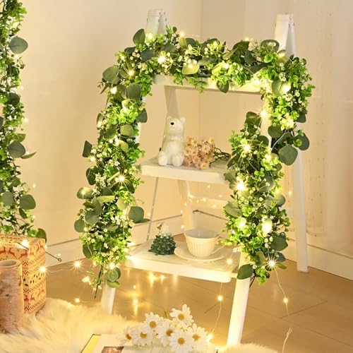 2Pcs Eucalyptus Garland with Lights, Greenery Garland, Green Garland with Flowers, 5.9FT Artificial Faux, alternate view 5