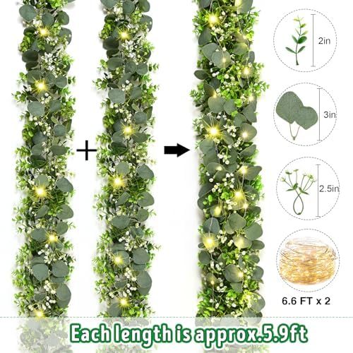 2Pcs Eucalyptus Garland with Lights, Greenery Garland, Green Garland with Flowers, 5.9FT Artificial Faux, alternate view 6