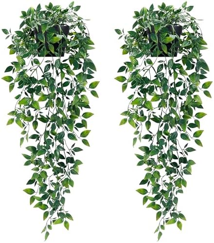 2Pcs Fake Hanging Plants with Pot Eucalyptus Leaves Fake Vines