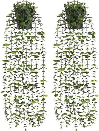 2Pcs Fake Hanging Plants with Pot, Potted Faux Eucalyptus