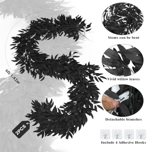 2Pcs Fake Willow Leave Vine 6Ft Full Black Silk Halloween Garland, alternate view 5