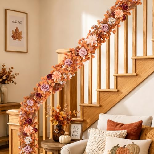 2Pcs Fall Garland, 11Ft Eucalyptus Garland with Flowers, alternate view 4