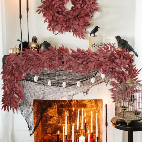 2Pcs Faux Willow Leaves Vine 6Ft Full Burgundy Fall Garland, alternate view 3