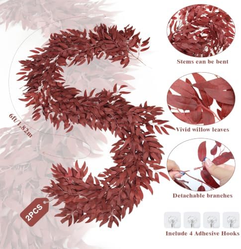 2Pcs Faux Willow Leaves Vine 6Ft Full Burgundy Fall Garland, alternate view 5