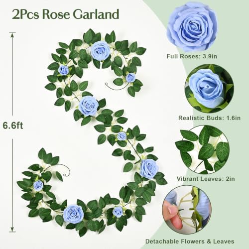 2Pcs Flower Garland with Lights, 13.2Ft Realistic Rose Floral Garland, Blue in Blue, alternate view 3