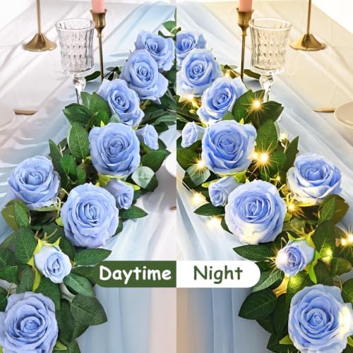 2Pcs Flower Garland with Lights, 13.2Ft Realistic Rose Floral Garland, Blue in Blue, alternate view 6