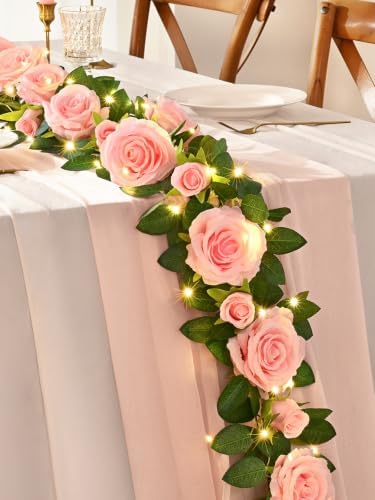 2Pcs Flower Garland with Lights, 13.2Ft Realistic Rose Floral Garland, Pink in Pink