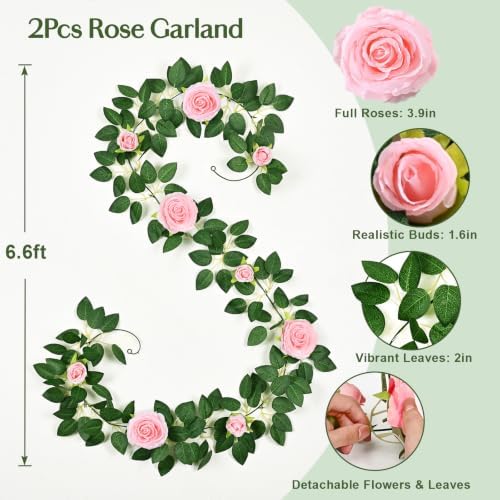 2Pcs Flower Garland with Lights, 13.2Ft Realistic Rose Floral Garland, Pink in Pink, alternate view 2
