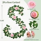 2Pcs Flower Garland with Lights, 13.2Ft Realistic Rose Floral Garland, Pink in Pink, alternate view 2