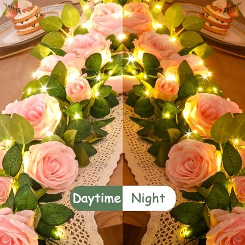 2Pcs Flower Garland with Lights, 13.2Ft Realistic Rose Floral Garland, Pink in Pink, alternate view 5