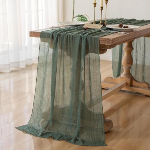 2Pcs Forest Green Cheesecloth Table Runner 120 Inches for Party Home Decor, alternate view 2