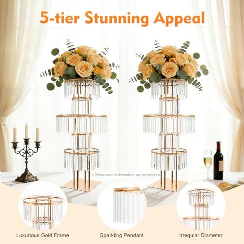 2PCS Gold Crystal Vase for Wedding Centerpieces 43.3" Tall in Gold, 2pcs, Square Base, alternate view 3